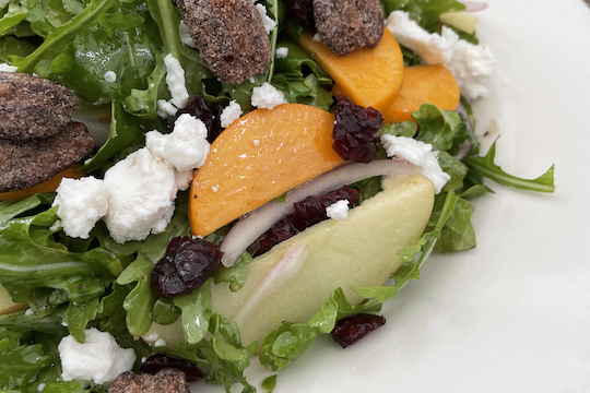 Persimmon, Apple Arugula Salad with Goat cheese and Candied Pecan